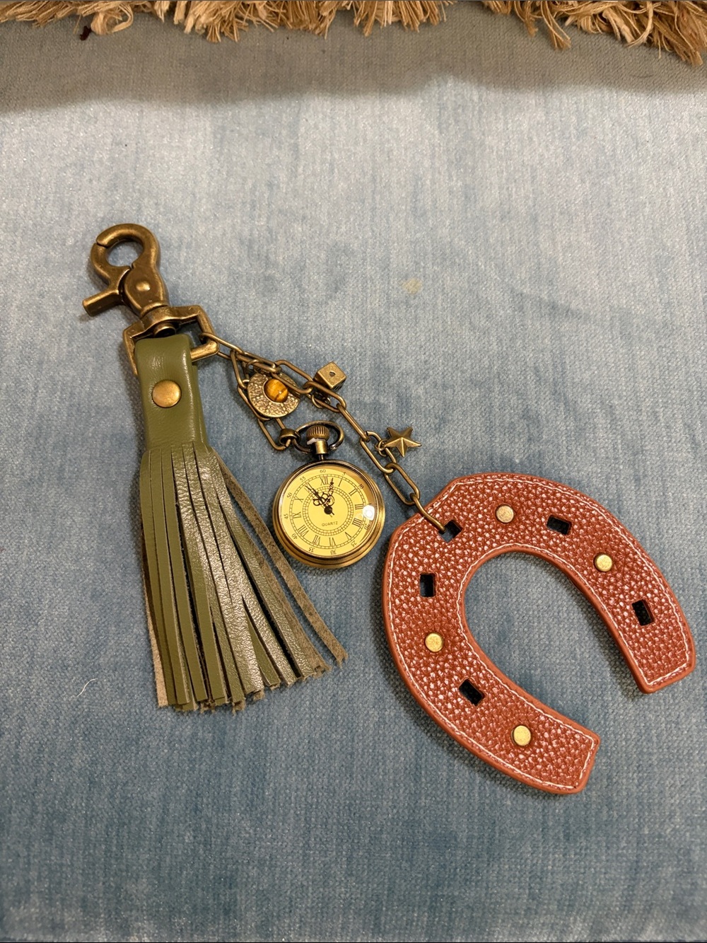 Tassel and Horseshoe Bag Charm Keychain with Pocket Watch - Olive & Brown